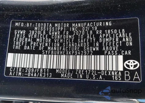 2019 Toyota Corolla Le z USA, uszkodzony, nr VIN 5YFBURHEXKP942972